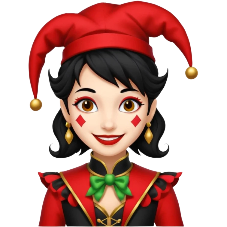 Jester girl, black and red suit, black hair emoji