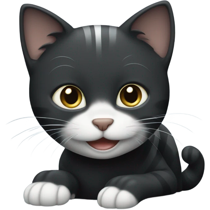 Black Cat with white paws and grey stripes that is smiling emoji