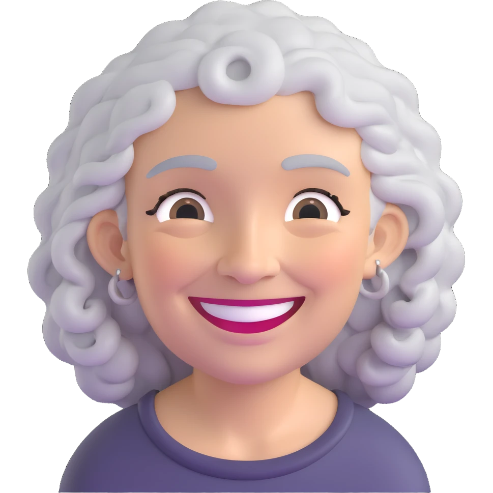 older lady with silver curly hair smiling emoji