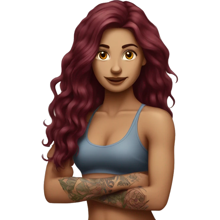 Beautiful tattooed  burgundy long haired woman doing Pilates emoji