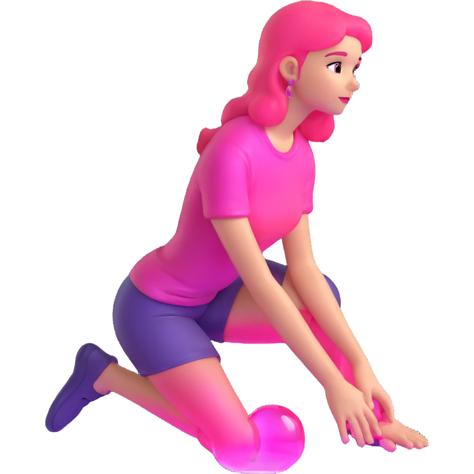 Girl kneeling in playful pose, transparent glass style, bright pink gradient, with shadows and highlights, minimalist design emoji