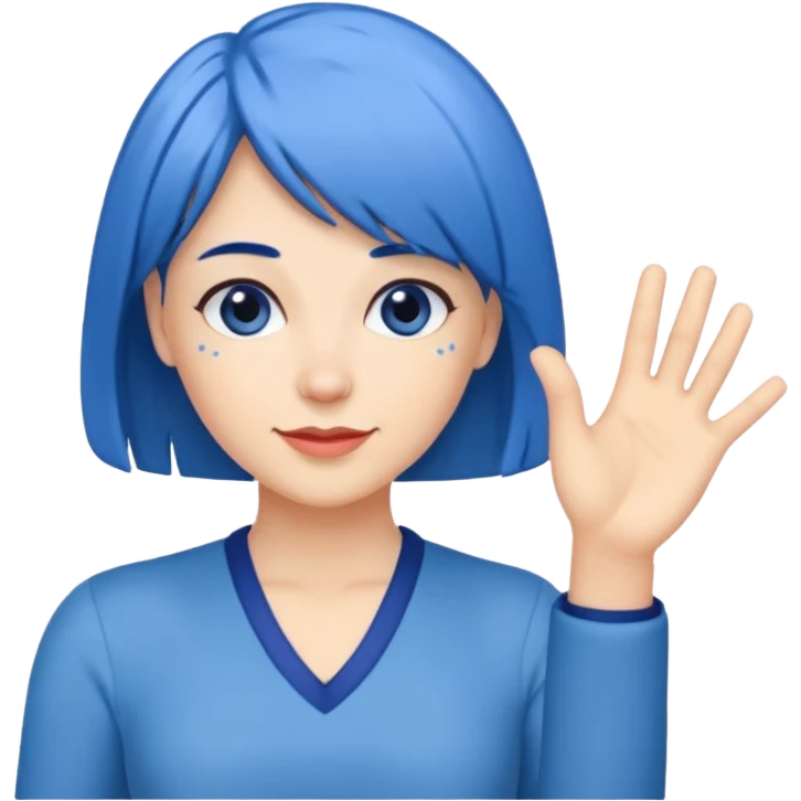 Woman with medium length blue hair doing jazz hands emoji