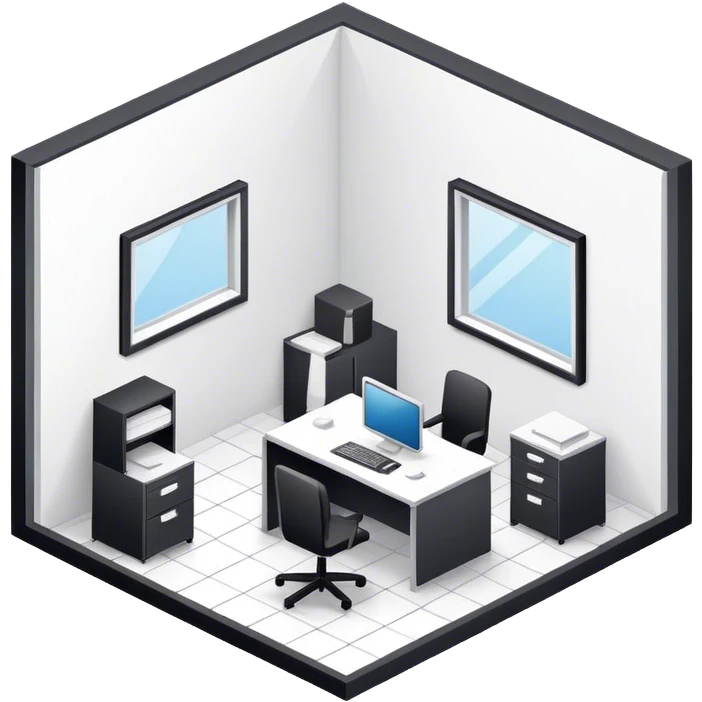 An isometric 3D room with two white walls that meet at the back left and right and a single Window. Black and White Office Room with a single desk emoji