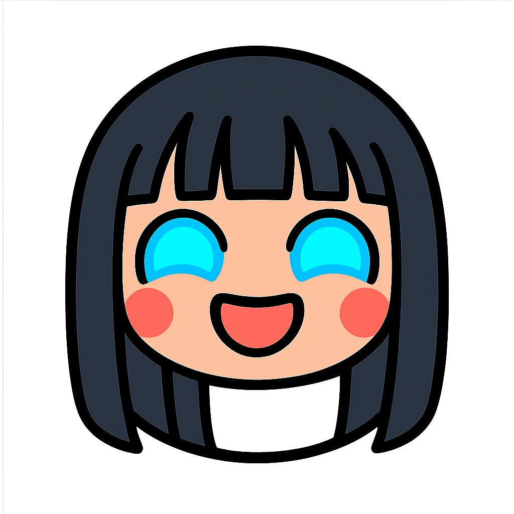 chibi cyberpunk girl with long straight black hair, large glowing neon-blue anime eyes, light peach skin, round face, small nose, soft cheeks, thin black line art, happy expression with big joyful smile, closed upside-down U-shaped eyes, cheeks puffed, bubbly glowing look, inside a thin black circle, pure white background emoji