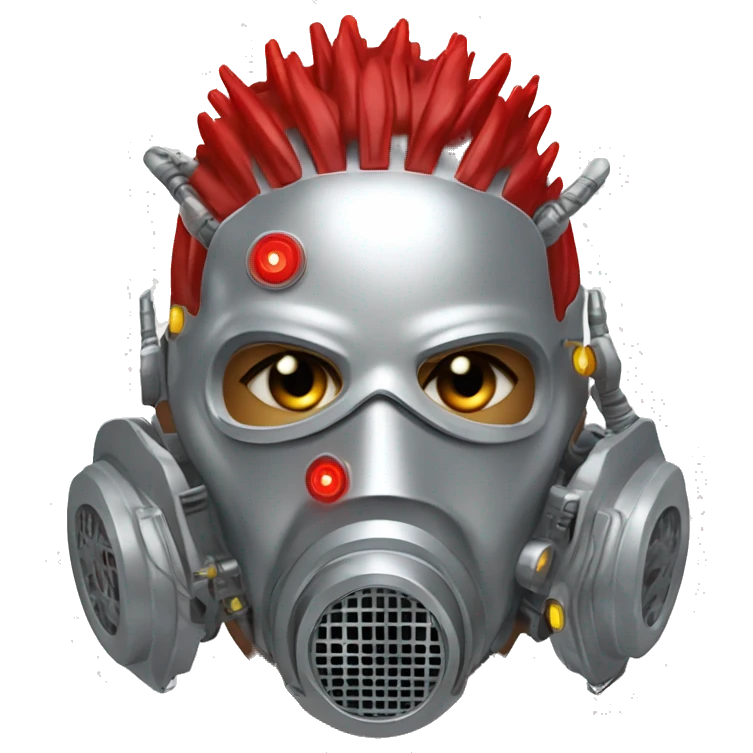 Silver Mohawk female cyborg head with red respirator mask and circuits emoji