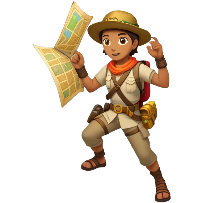 An icon featuring an adventurer in a dynamic action pose, with treasure maps, ancient ruins, and jungle landscapes in the background. The design includes clues, hidden passages, and climbing gear, symbolizing the thrill of exploration and discovery. Transparent background. emoji