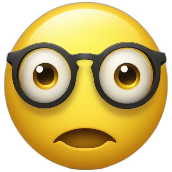 Yellow ball, with two eyes, eyeglasses, and closed mouth with two protruding teeth ( Front view) emoji