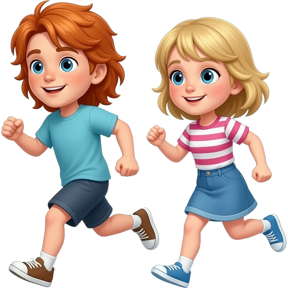 fesme uns nen i una nena corrents amb pecas  i cabell una mica rubio amb ulls blaus una mica mes gran que el noi  amb cabell llarg i ros i que siguin germans emoji