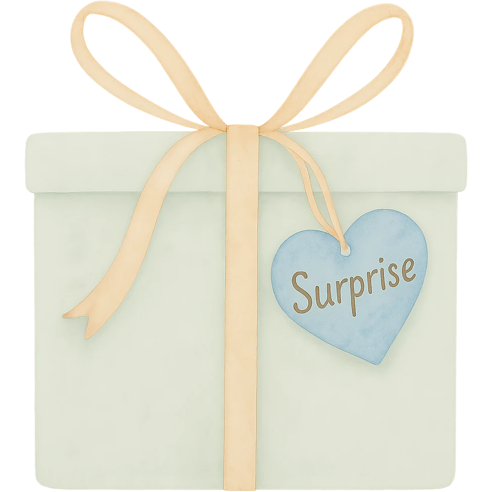 Change the heart-shaped gift tag to blue, keep the name 'Surprise'. emoji