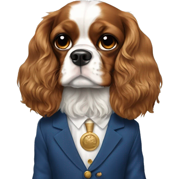 King Charles spaniel with long ears wearing a blue suit with gold buttons  emoji