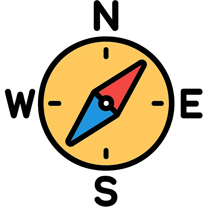 A navigation compass with cardinal directions N, S, E, W and a red and blue needle emoji