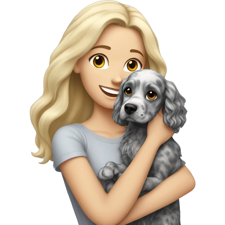 blonde girl holding grey merle cocker spaniel  emoji