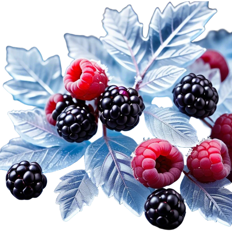 A visually stunning composition of frozen forest berries, including blueberries, raspberries, and blackberries, covered in frosty ice crystals. The berries are fresh and vibrant, with deep reds, purples, and blues. The ice has a translucent, glossy texture, reflecting soft light. The background is a dark, blurred, cool-toned surface to emphasize the contrast and freshness. The composition is artistic, with some berries partially submerged in crushed ice. The overall mood is refreshing, cold, and appetizing. emoji