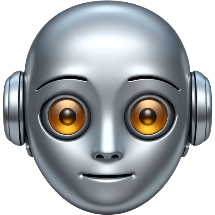 A cute futuristic robot emoji made of silver chrome, rounded friendly body, minimal facial features, glossy metallic surface, soft reflections, iOS emoji style, centered, clean white background emoji