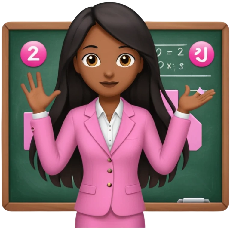 a brown skin teacher with hair with black straight long hair wearing pink not hot pink 2 piece set teaching up on a board the board  emoji