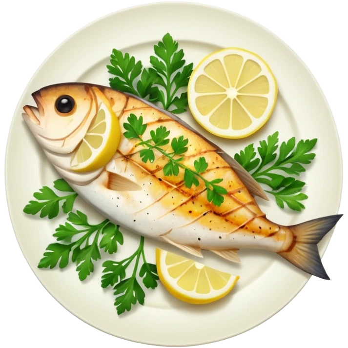 Draw a grilled fish fillet on a plate with lemon slices & herbs. emoji
