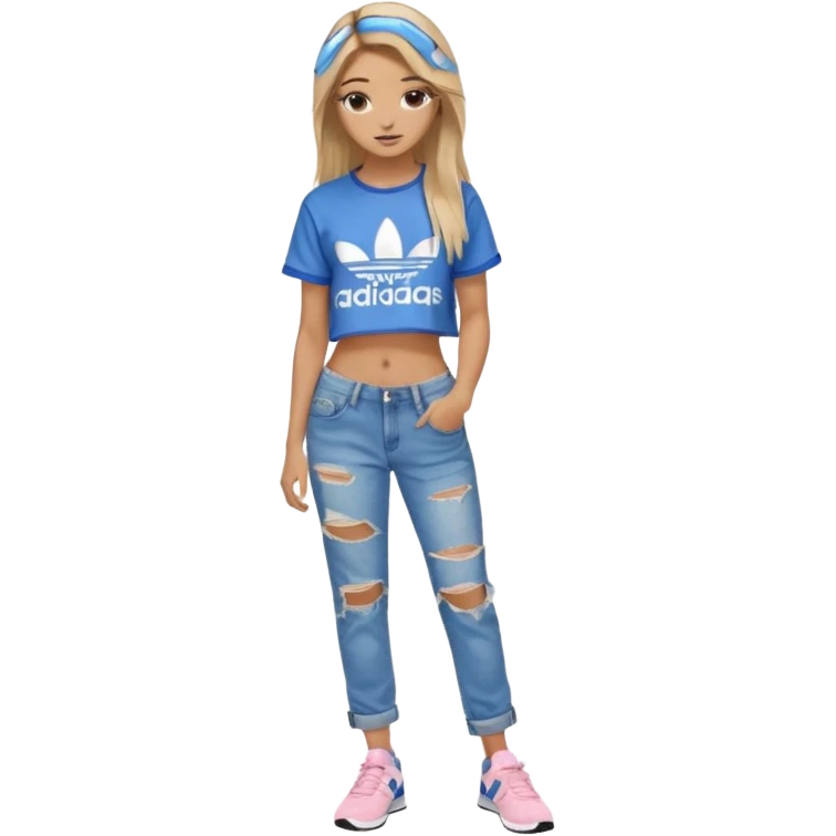 preppy teenage girl, tan, blonde highlights, brown long hair, long eyelashes, beach aesthetic, wearing cute clothes, sexy, wearing ripped blue long baggy jeans with a light pink revealing crop top, wearing Somba Adidas emoji