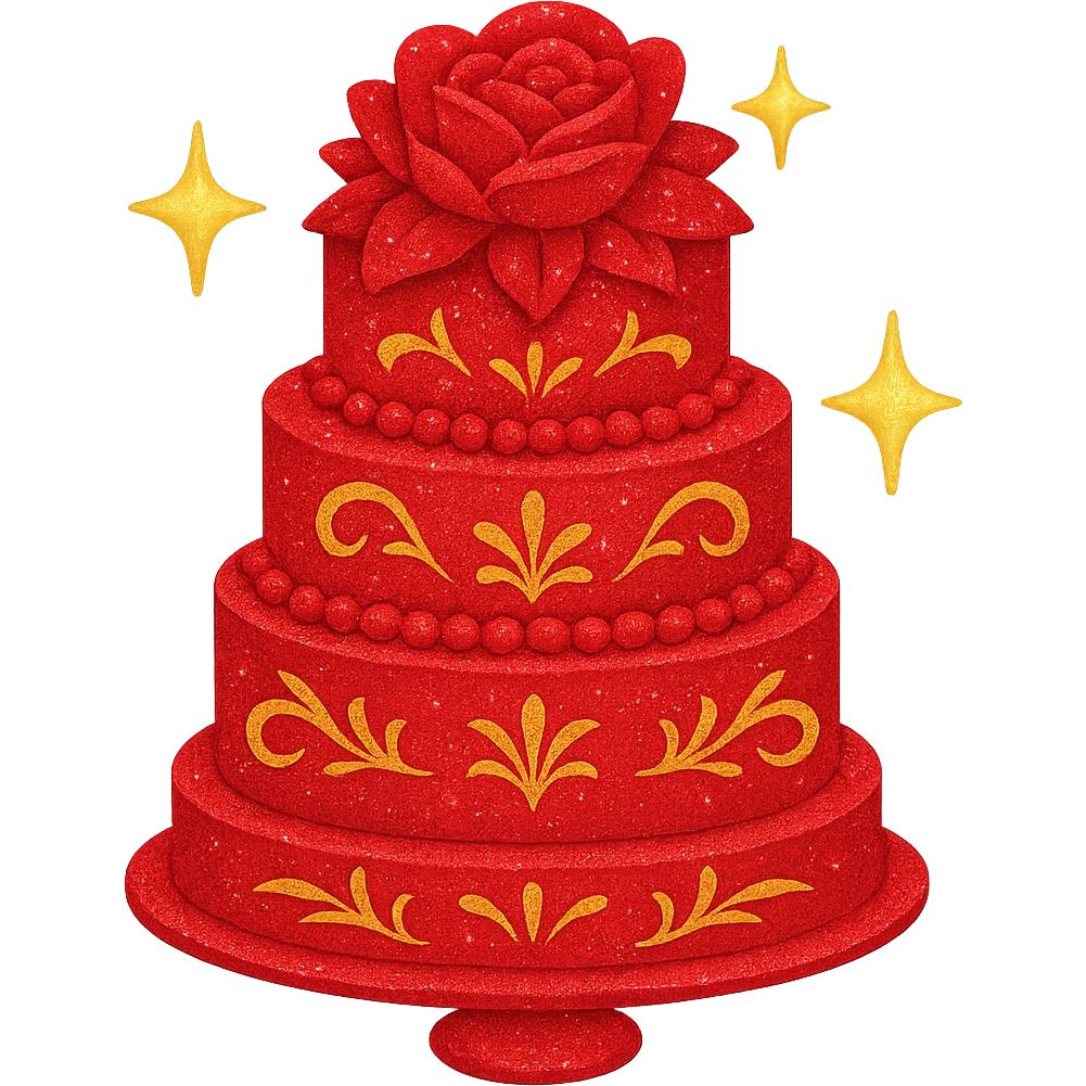Add a sparkle effect to the red wedding cake with floral decorations. Keep the background transparent. The style should resemble emoji style with bright colors and simple shapes. emoji