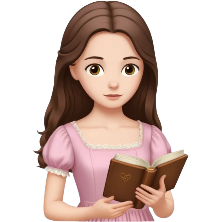  white long brunette hair girl with hazel eyes in light pink reading Pride and Prejudice emoji