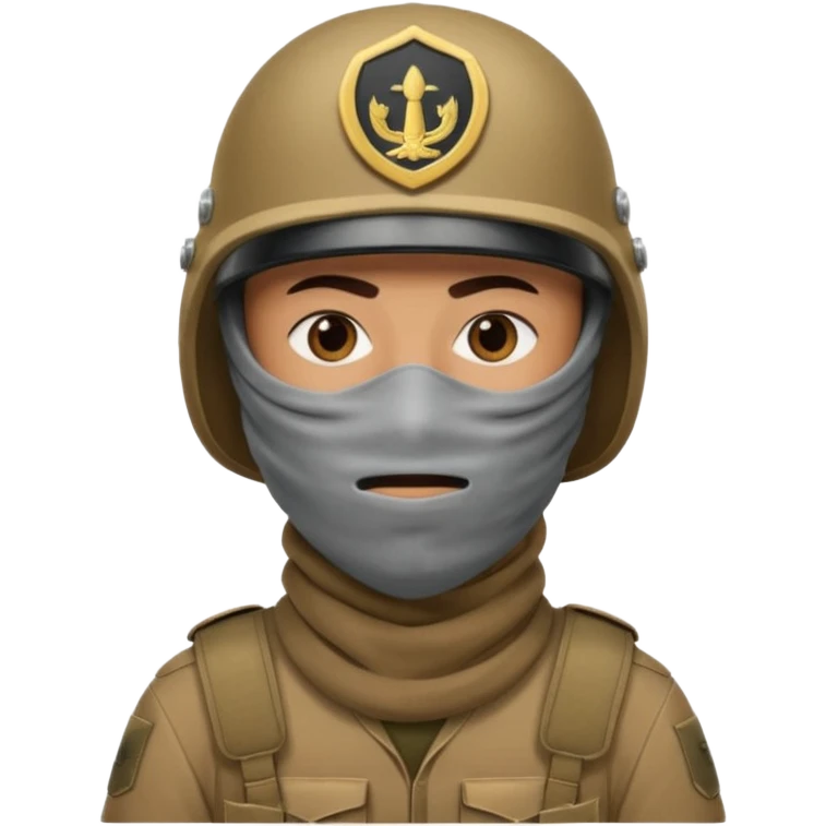 
an Iraqi soldier with a serious face, wearing a helmet and a balaclava covering his mouth emoji