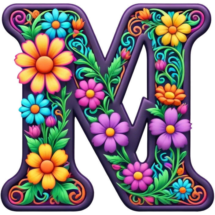 3D, gothic style psychedelic colored Letter V with hippie style flower border emoji