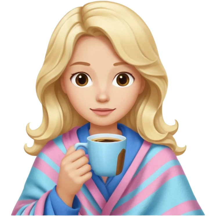Blonde long wavy hair with a pink and blue pastel blanket drinking coffe emoji