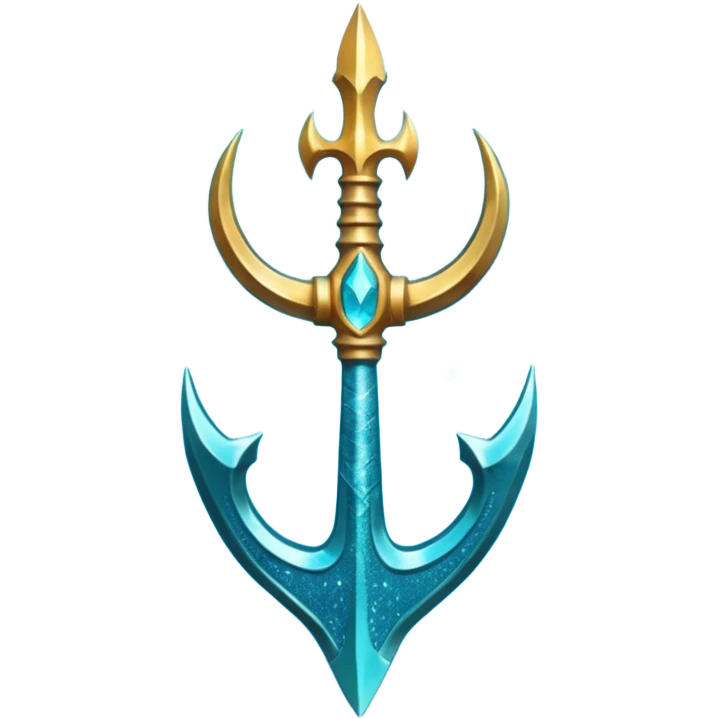 Cyan Poseidon's trident with glitter and water effects around it. emoji
