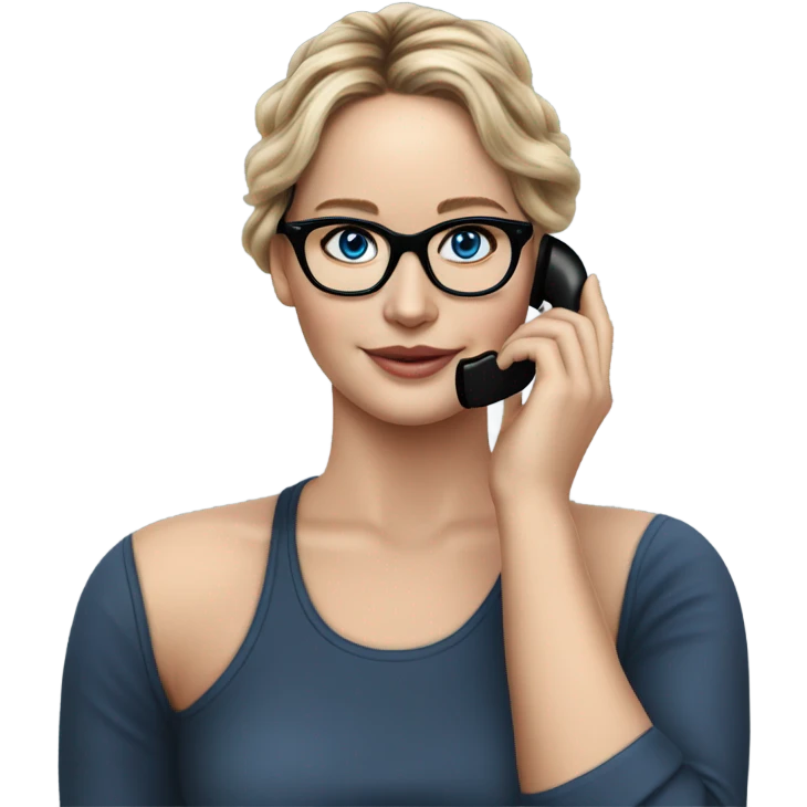 Realistic Photo of Brunette Jennifer Lawrence wearing black glasses and blue eyes talking on the phone  emoji