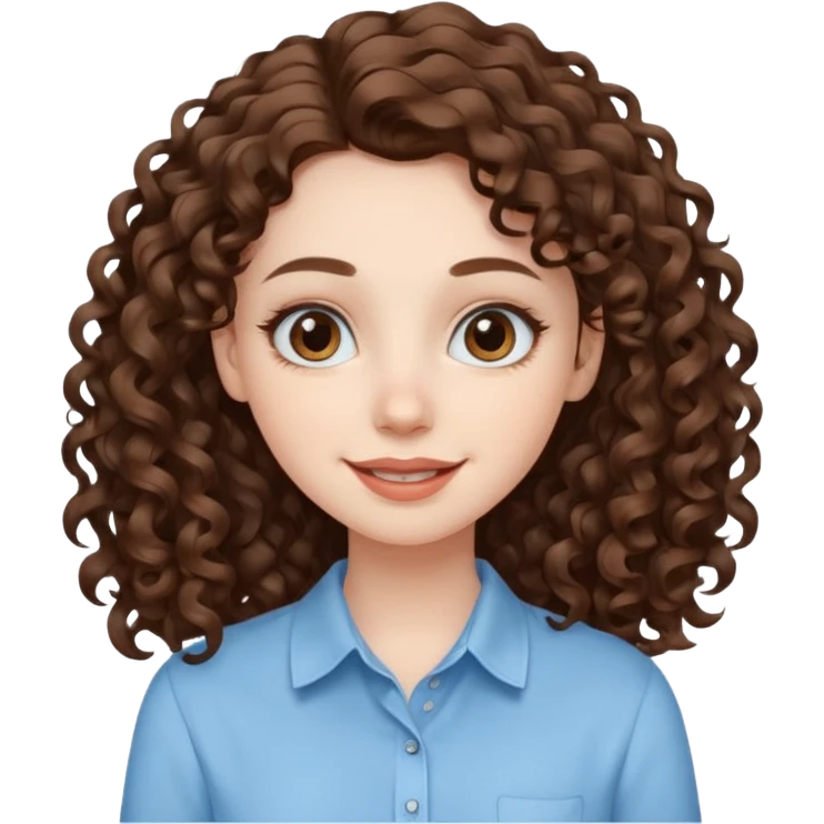 Light brown eyed female with pale skin. She has big eyes, curly and long dark brown hair and thin lips smiling. emoji