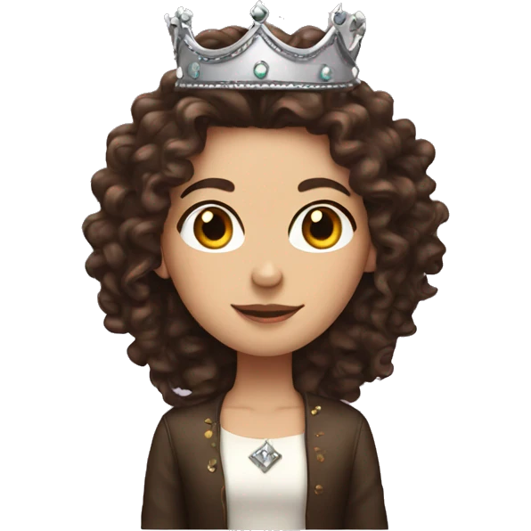 White girl with dark brown long curly hair wearing a crown emoji