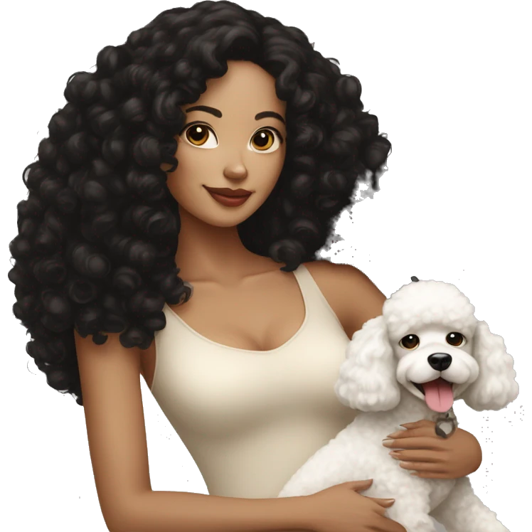 woman with black curly hair and her cream poodle emoji