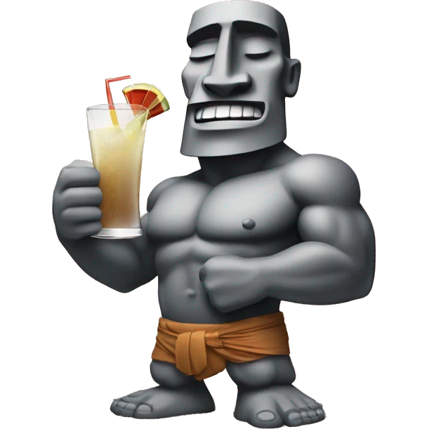 MOAI FLEXING MUSCLE WITH A COCKTAIL, ON THE BEACH   emoji