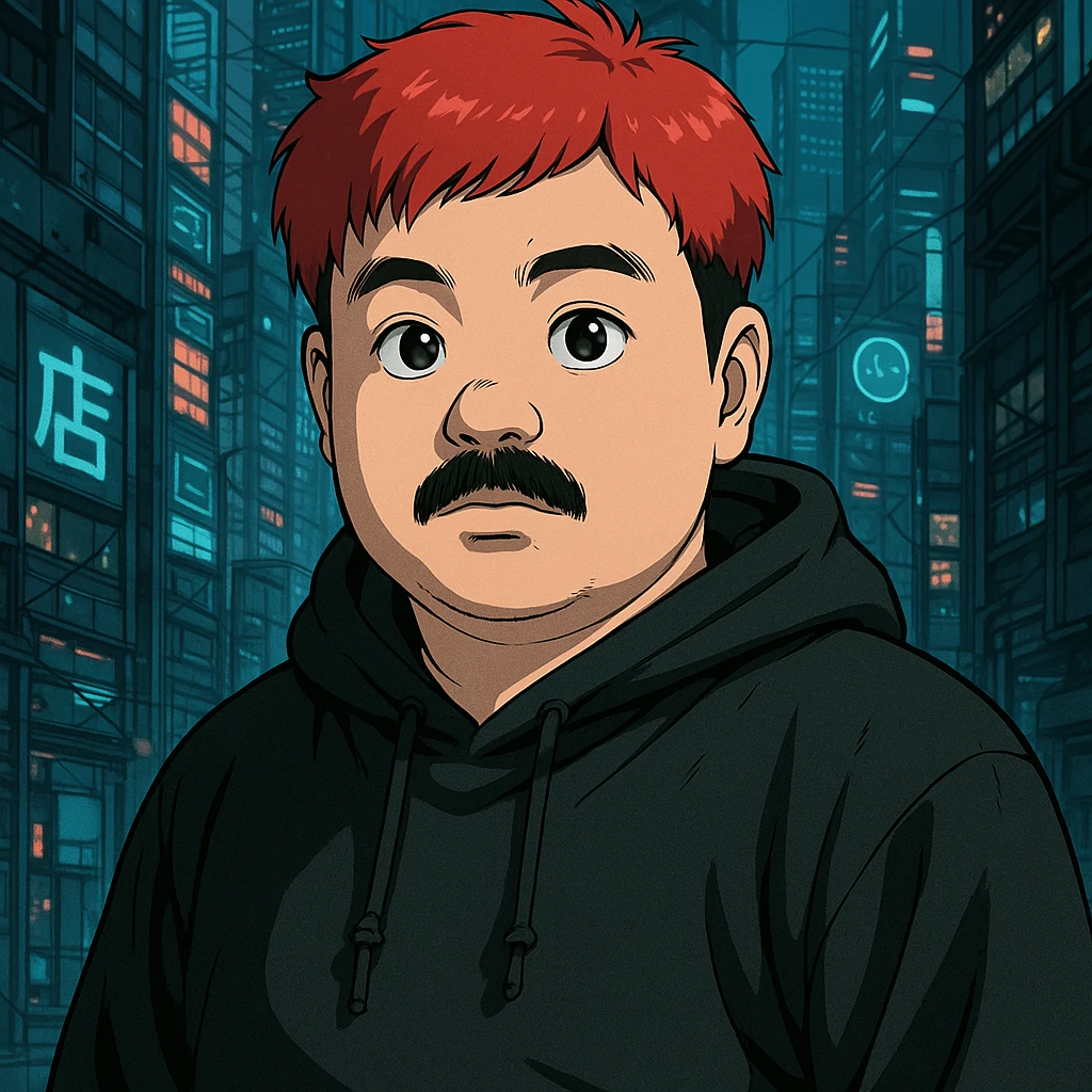 Asian man with a round face, black mustache, red hair, black hoodie, Ghost in the Shell-inspired anime style, large expressive eyes, futuristic city background, high detail emoji