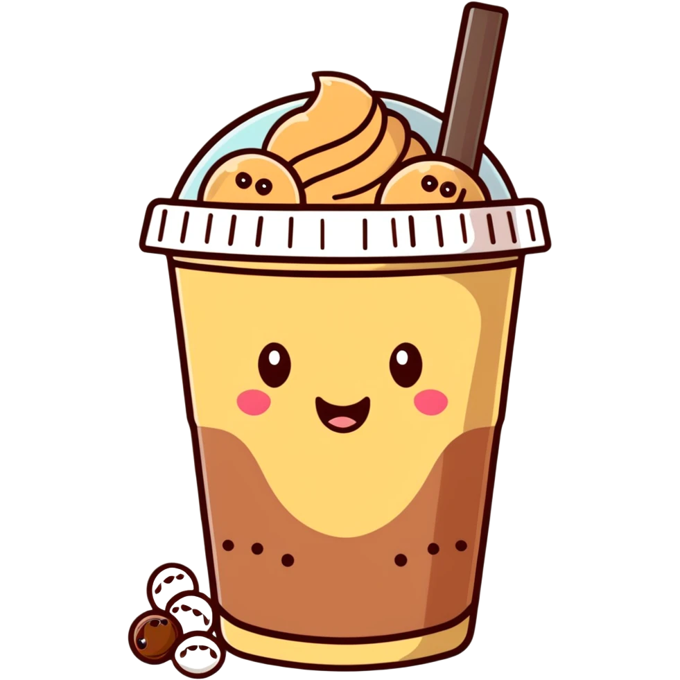 brown milk tea with a happy expression and boba pearls, different cup shape, soft mocha pastel tones, kawaii emoji