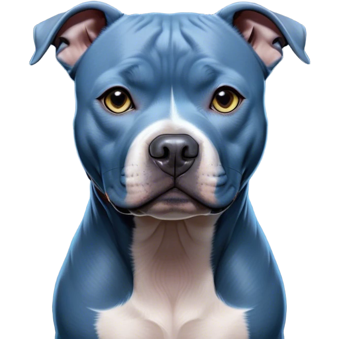 Cinematic Noble Blue Staffordshire Bull Terrier Portrait Emoji, Poised and regal, with a compact, muscular build and a sleek, well-groomed blue Fur, deep-set soulful dark eyes, Simplified yet sharp and sophisticated features, highly detailed, glowing with a soft, dignified glow, high shine, intelligent and loyal, stylized with an air of strength, focused and attentive, soft glowing outline, capturing the essence of a watchful and confident guardian, so majestic it feels as though it could stride out of the screen with effortless authority! emoji
