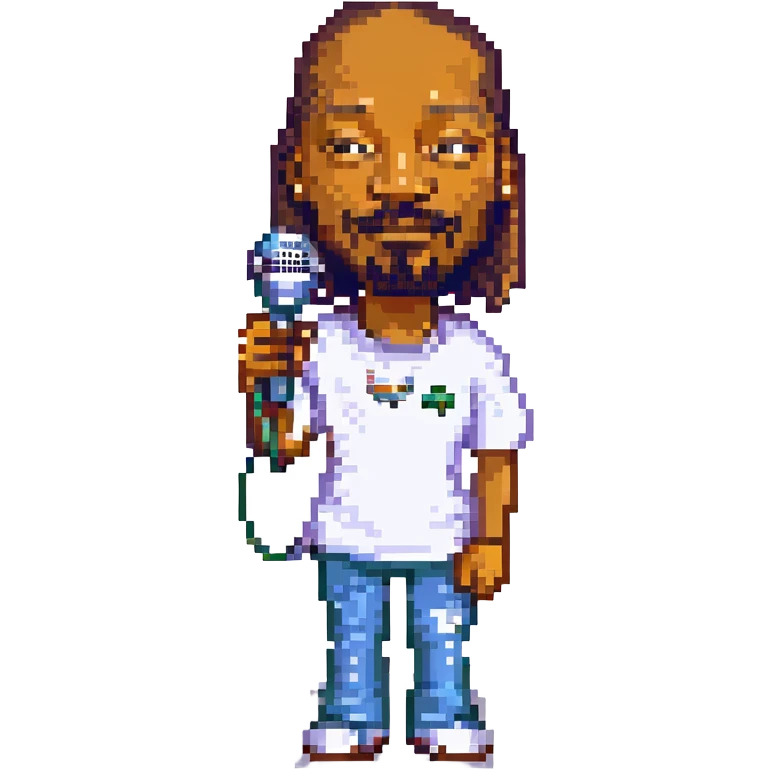 Snoop Dogg standing pixel art style, holding a microphone emoji