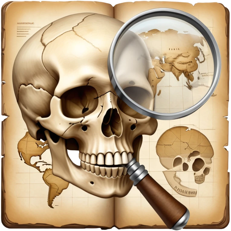 An icon featuring a human skull and fossils, representing anthropology. The design includes a magnifying glass and a map of ancient human migration paths, symbolizing the study of human evolution and cultures. Transparent background highlights the scientific exploration of humanity’s past. emoji