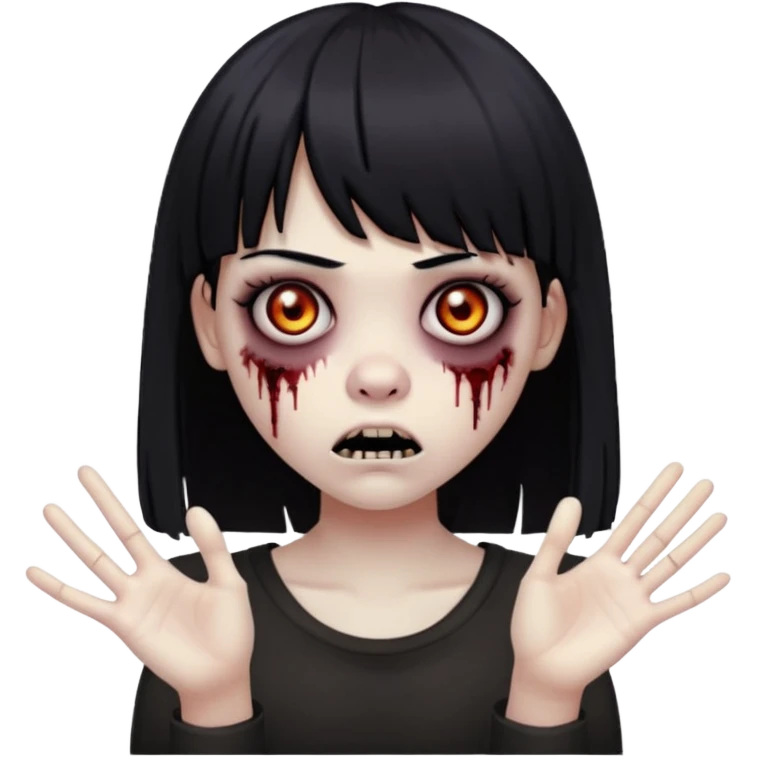 uma menina zumbi com cabelo preto e liso e uma franja. ela tem um estilo meio emo e com as mãos para frente com uma cara assustadora  emoji