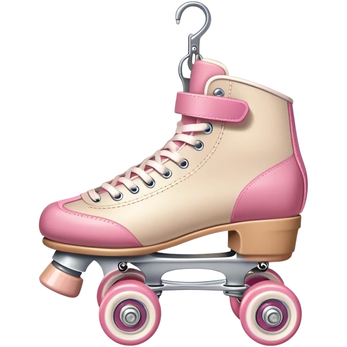 A pair of pink,white and beige rollerskates hanging  emoji