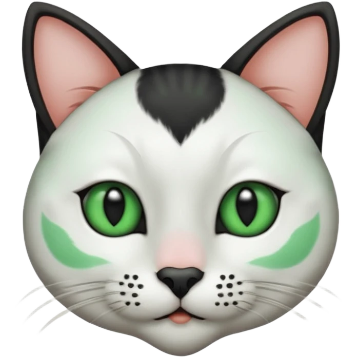 Haz una gata de ojos verdes la cara blanca con mancha negra en las orejas que agarra parte de la frente del lado der pero del iz va desde el ojo hasta la oreja la mancha, tiene la nariz negra en forma de corazón y todo lo que sobra de la cara, barbilla la nariz arriba y el lado de bigotes es blanca emoji
