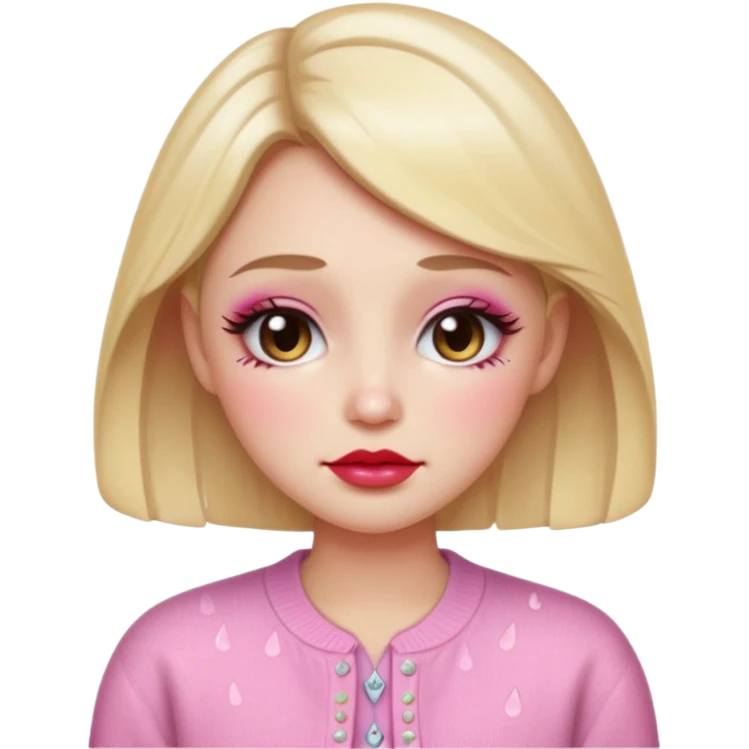 “Emoji girl, dewy skin, heavy blush across cheeks and nose bridge, glossy cherry lips, soft eyeliner, teary sparkling eyes, pastel cardigan.” emoji
