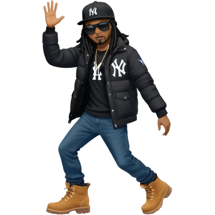 African American man with shoulder length black dreadlocks and black sunglasses wearing a black New York Yankees baseball hat with a North Face brand bubble winter coat with denim skinny jeans and timberland boots dancing emoji