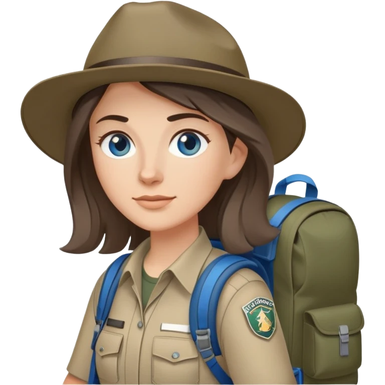 white woman park ranger with gray and brown hair, blue eyes, wearing a backpack emoji