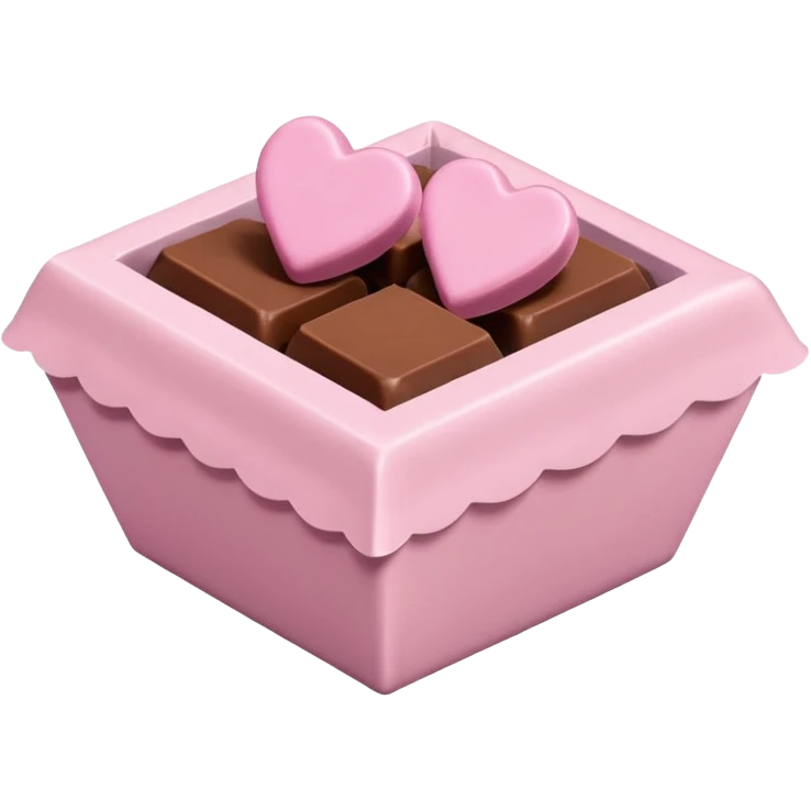 Two square milk chocolate , Each praline is a sharp-edged cube with smooth glossy chocolate coating, placed in a small white fluted paper candy cup. On top of each cube is a flat pastel pink heart-shaped icing emoji