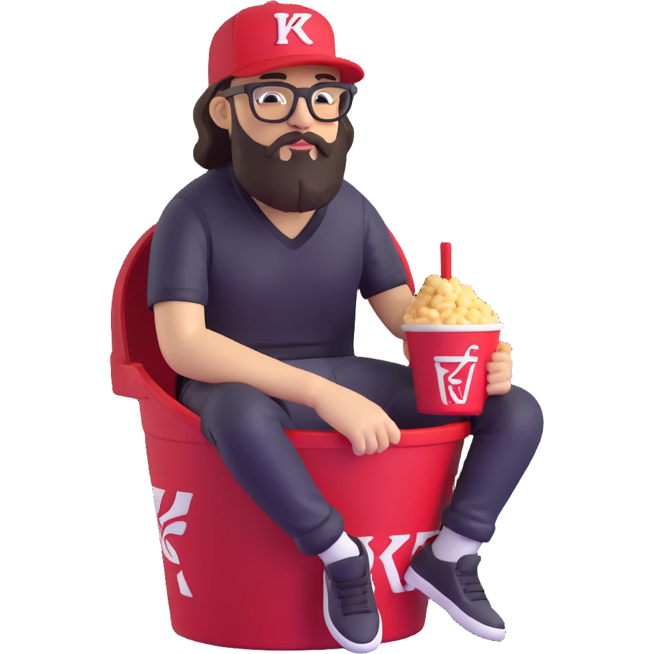 BBNO$ rapper sitting in a KFC bucket, glasses, beard, snapback cap emoji