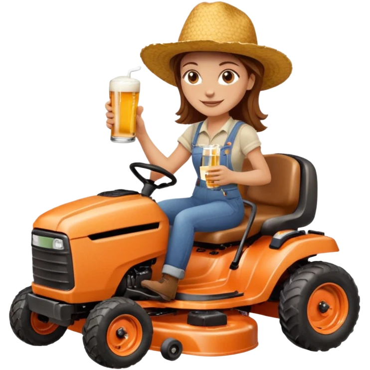 White woman with brown hair, without glasses wearing a straw hat, on old orange ride on lawn mower, holding a beer with one hand and holding the steering wheel with the other hand. Woman is smiling.  emoji