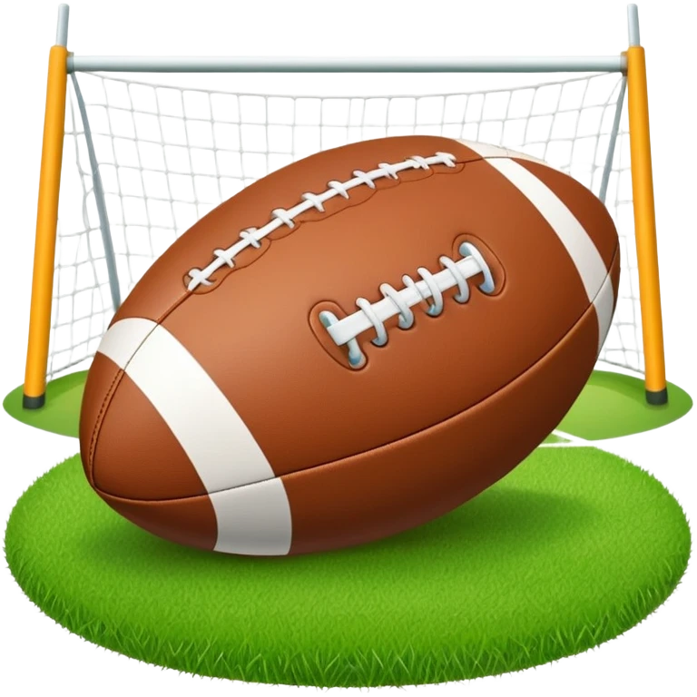 A rugby ball resting on a grassy field, with goalposts in the background. The scene captures the essence of the sport, with the field clearly marked and ready for a game, highlighting the intensity and teamwork of rugby. emoji