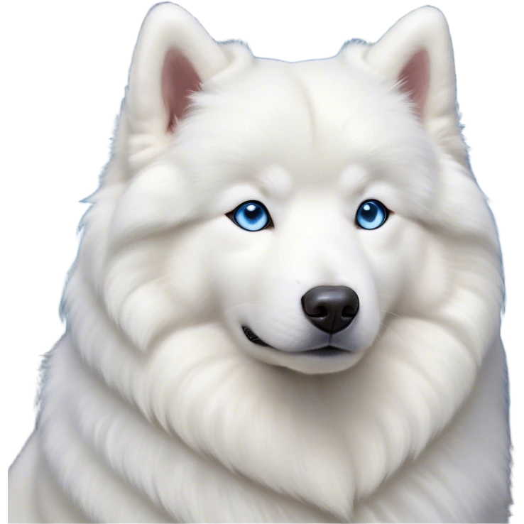 Cinematic Noble Samoyed Portrait Emoji, Poised and regal, with a majestic, sturdy build and a luxuriously fluffy pure white Fur, deep-set soulful blue eyes, Simplified yet sharp and sophisticated features, highly detailed, glowing with a soft, dignified glow, high shine, intelligent and gentle, stylized with an air of elegance, focused and attentive, soft glowing outline, capturing the essence of a watchful and confident companion, so majestic it feels as though it could bound out of the screen with effortless authority! emoji