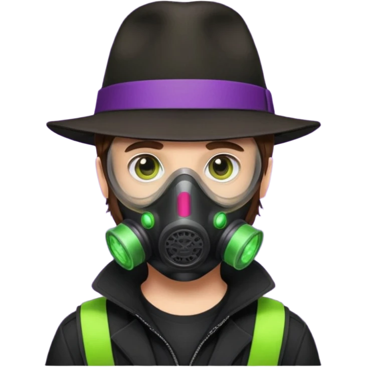 Male Hacker with a fedora with brown hair wearing a gasmask. Color scheme is black, lime-green and purple emoji