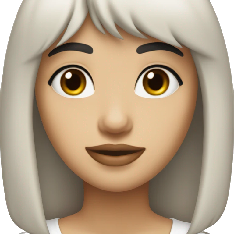 TransGirl with an oval face, fair skin, long dark brown wavy hair with bangs, brown eyes, dark brown straight eyebrows, medium-sized straight nose, slightly full lips, wearing a black choker necklace and a white t-shirt.

 emoji